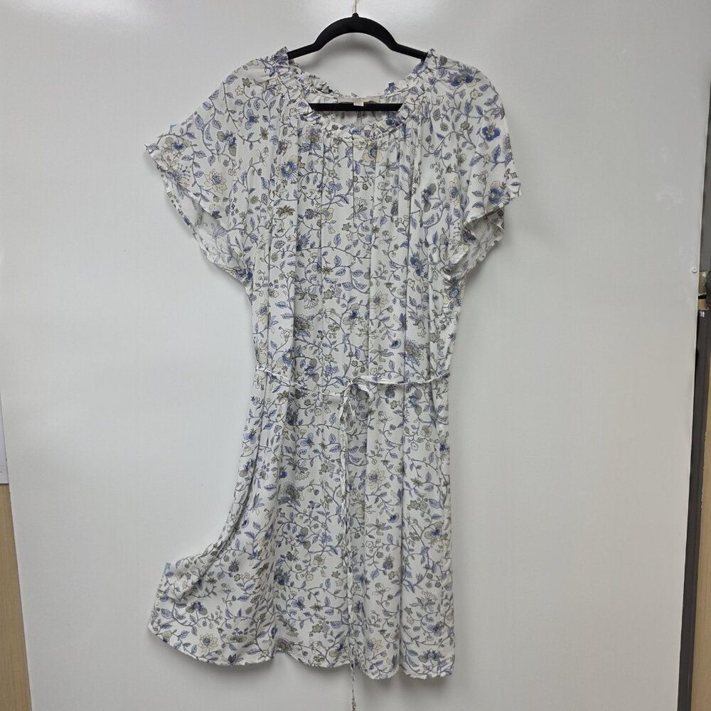 LOFT Dress Womens 18 White Blue Floral Rayon Short Sleeve Drawstring Waist Boho